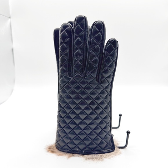 VIKIDEER Accessories - VIKIDEER Quilted Leather Gloves Women M Black Rabbit Fur Trim Cashmere Lined NEW